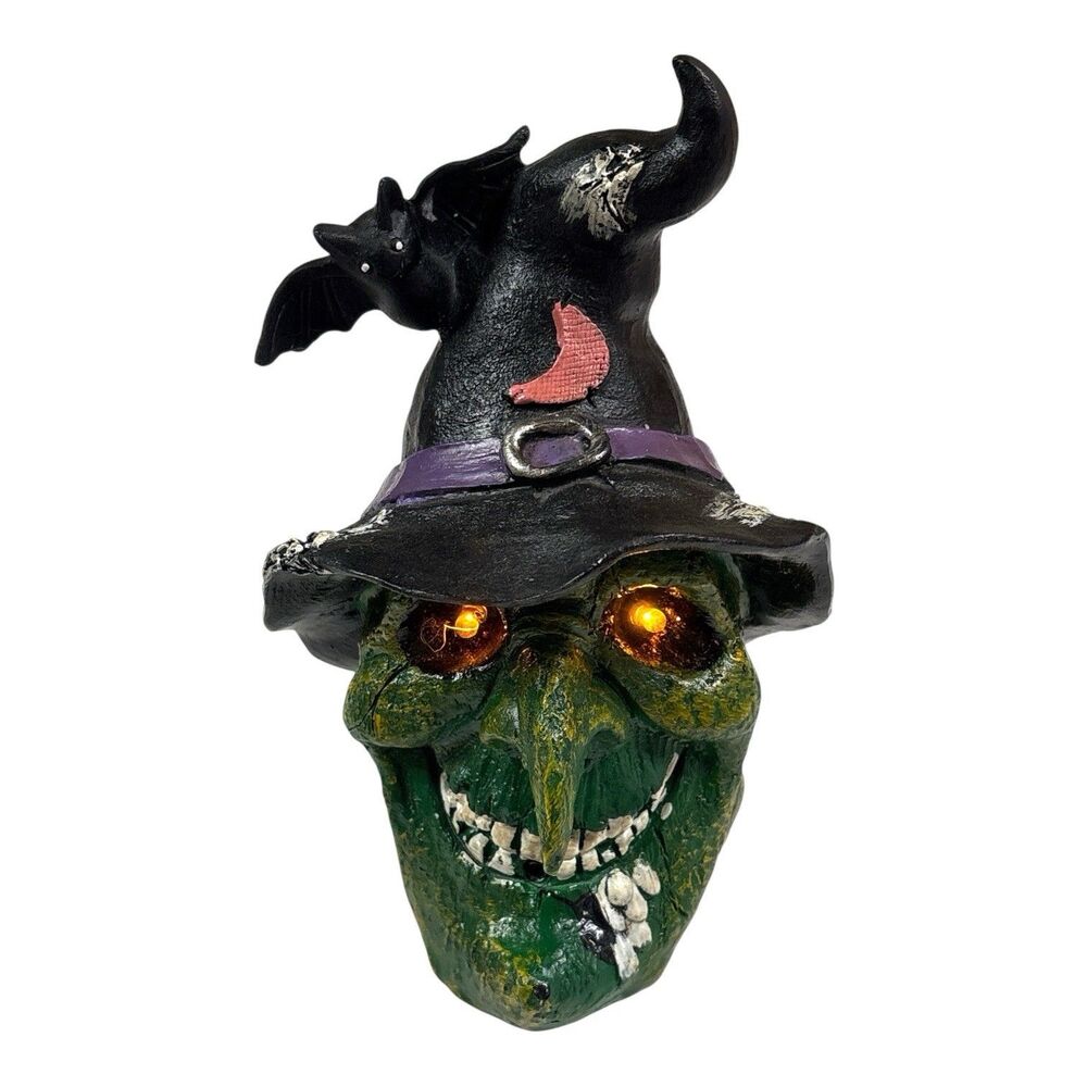Halloween Motion Activated Green Witch Resin Eyes Light Up Cackling Sound Video